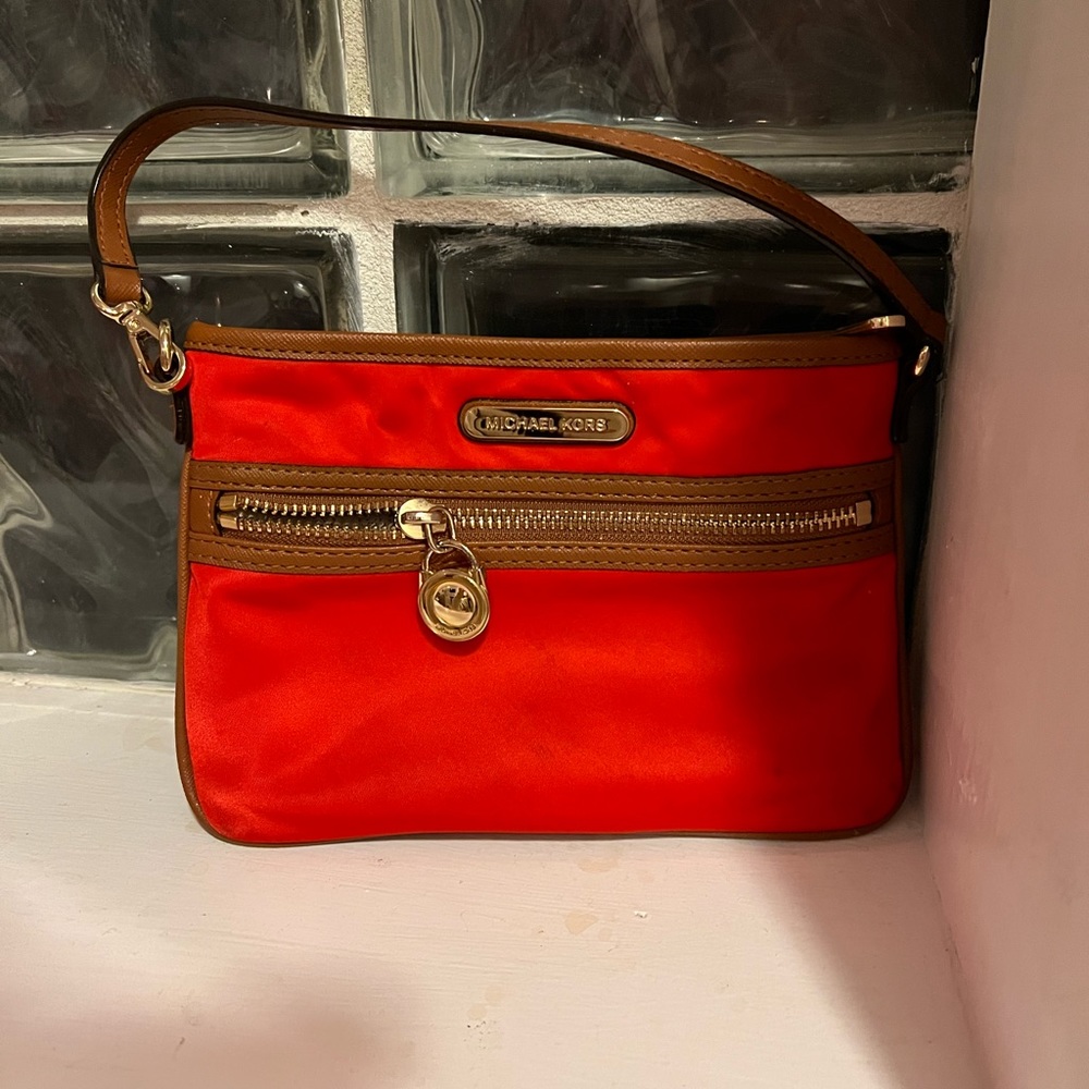 Michael Kors Kempton Red Nylon Brown Leather Trim Wristlet Bag Pouch
